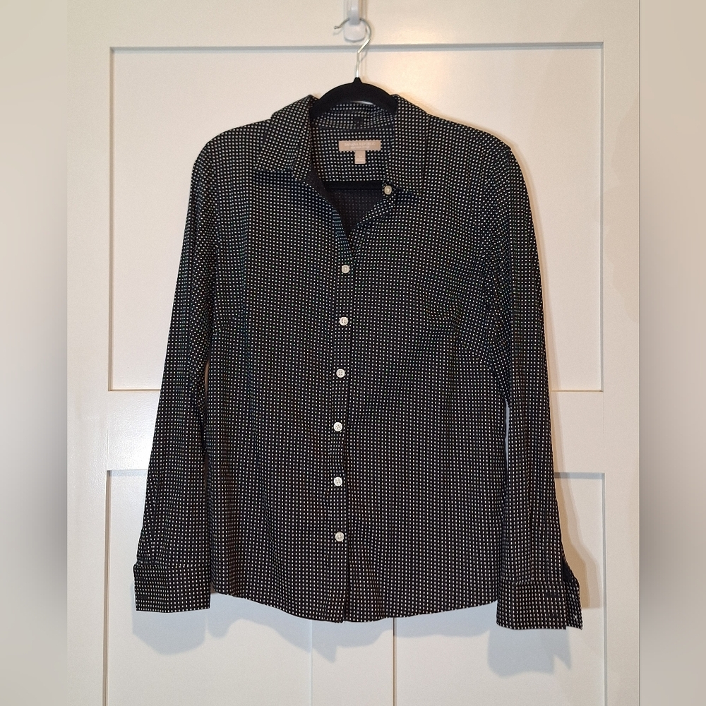 Banana Republic Non Iron Fitted Button Up Down Polka Dot Shirt Black White Sz 14